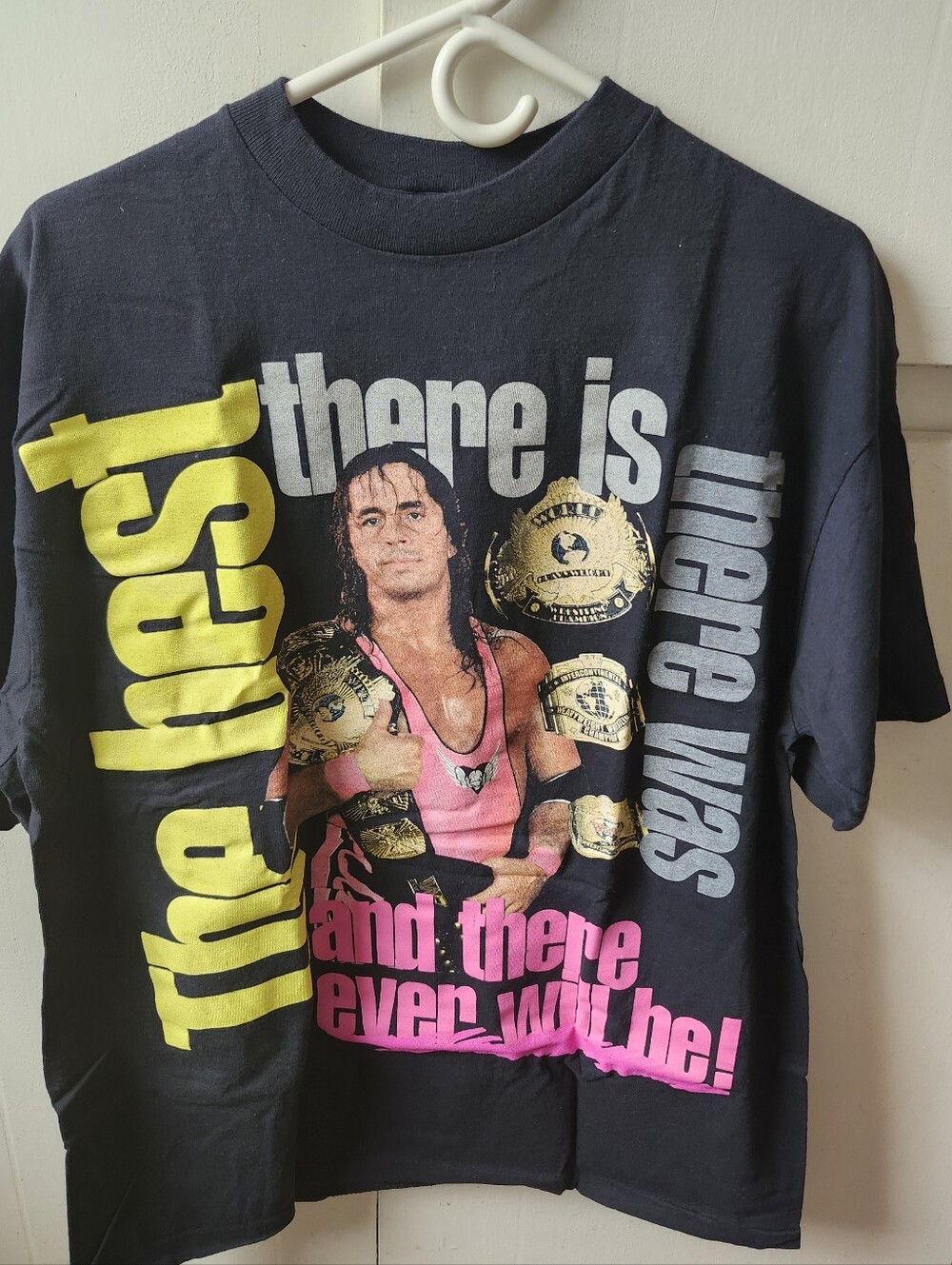 1995 Bret Hart WWF Champion Graphic Tee - Black with Yellow & Pink XL